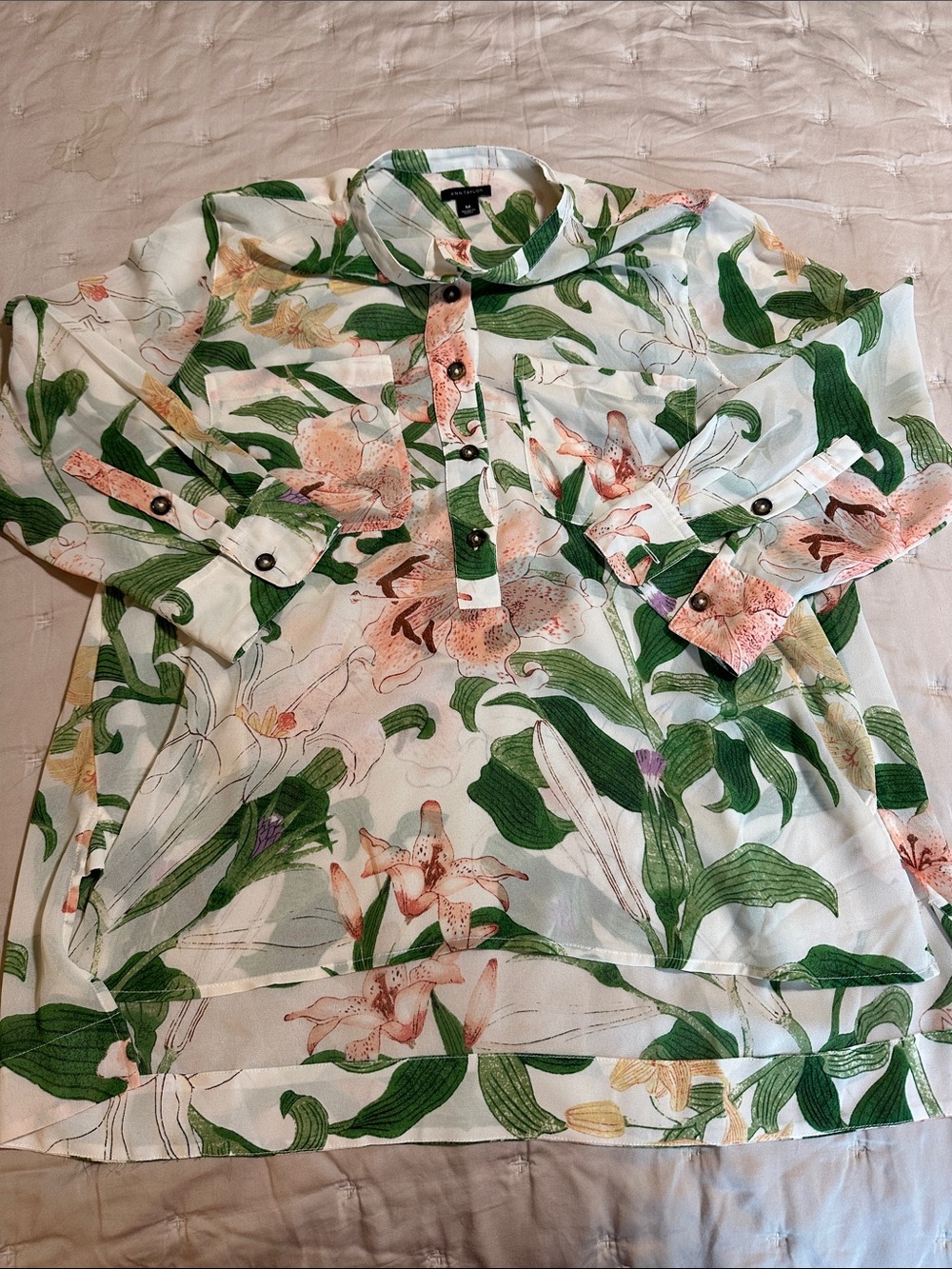 Ann Taylor Floral Button-Front Tunic in Green and Pink